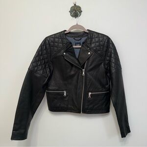 Gap Black Genuine Leather Quilted Lined Biker Moto Jacket Women's Size Medium